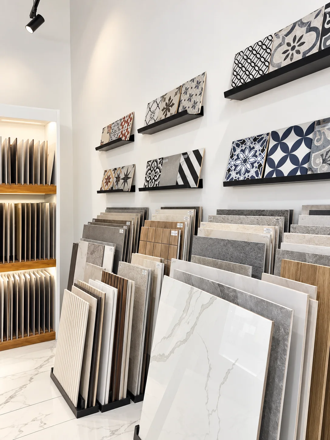 Outlet de cerámica en Gandia, estanterías con material en stock