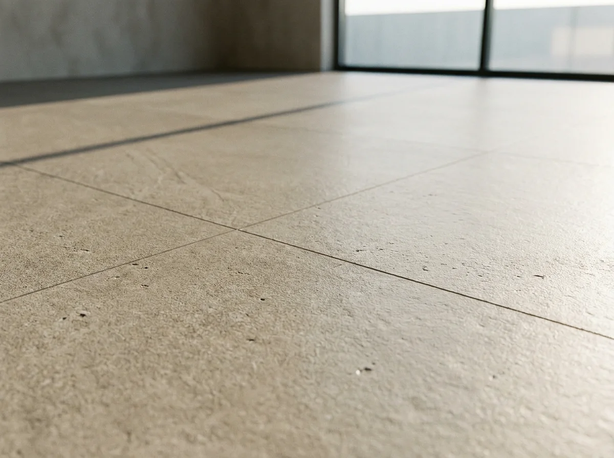Detalle de suelo porcelánico rectificado, vista a ras de suelo, imagen de referencia