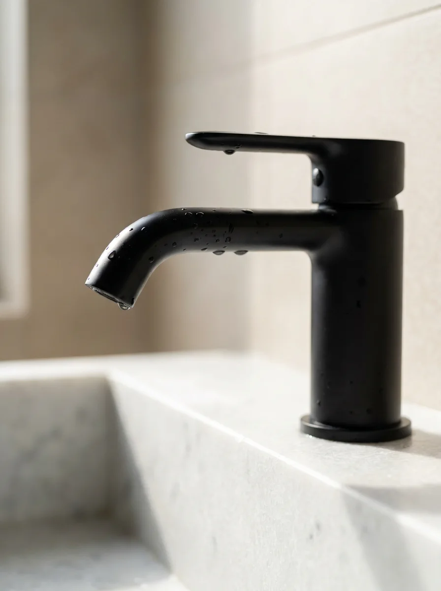 Grifería de lavabo en negro mate sobre encimera de piedra clara