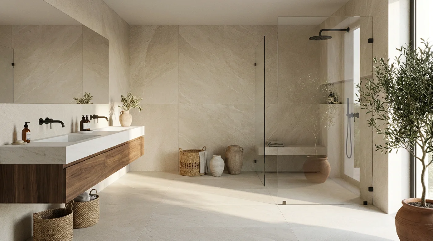 Ambiente de baños: baño showroom Xaixo Home con mueble de lavabo en madera, ducha con mampara de vidrio y revestimiento de porcelánico beige