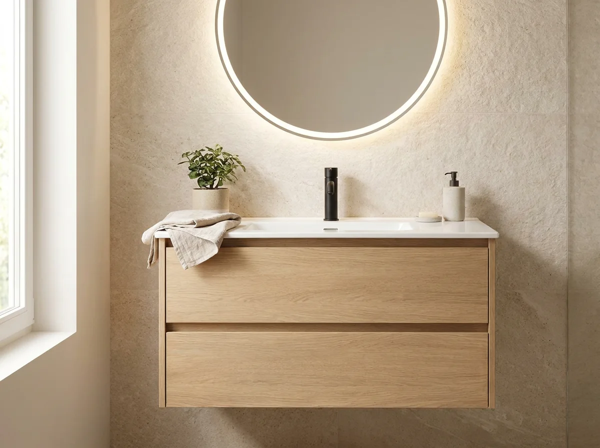 Mueble de baño suspendido en roble con espejo redondo retroiluminado