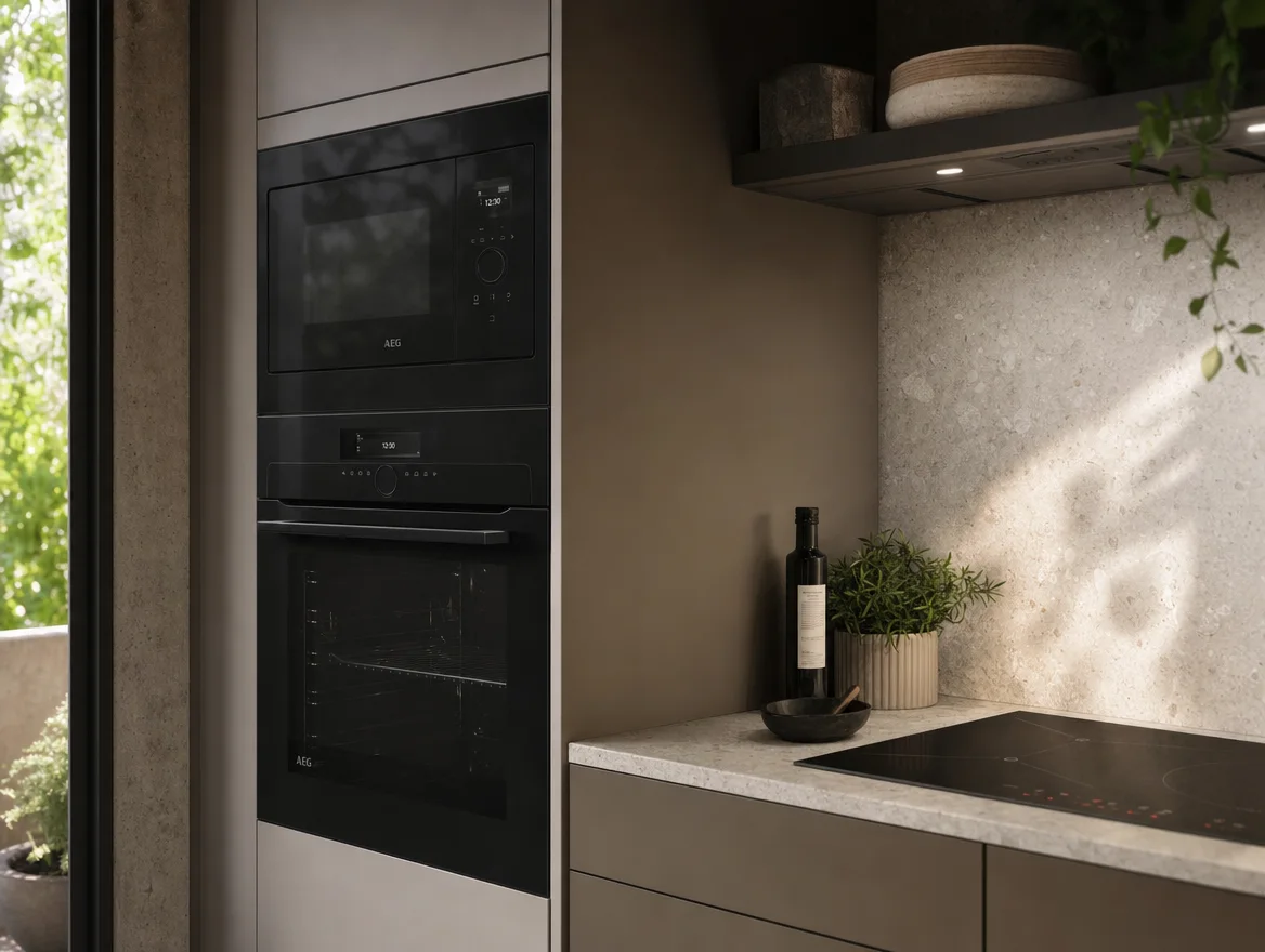 Horno y microondas integrados junto a placa de inducción con campana extractora, imagen de referencia
