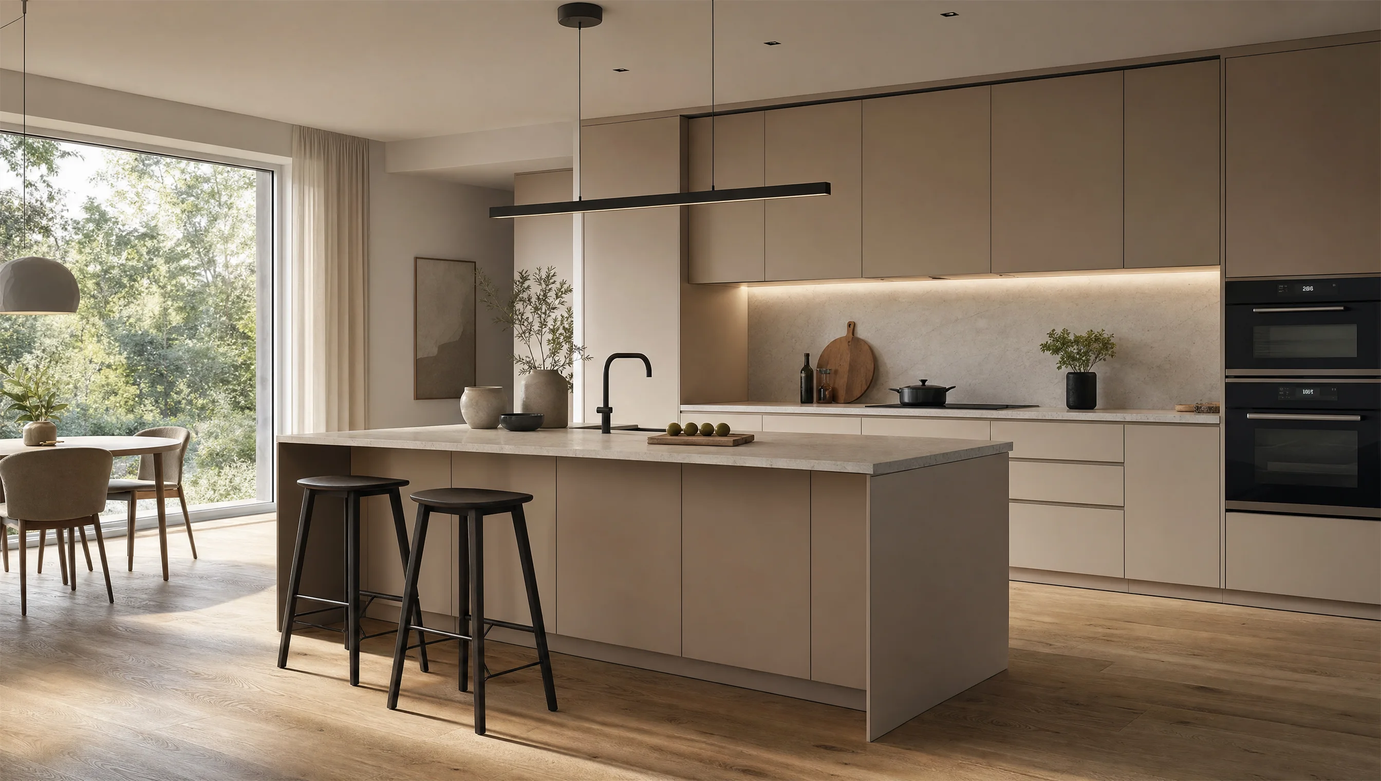Ambiente de cocinas: cocina abierta con isla, mobiliario en tono arena y comedor con vistas al jardín, imagen de referencia