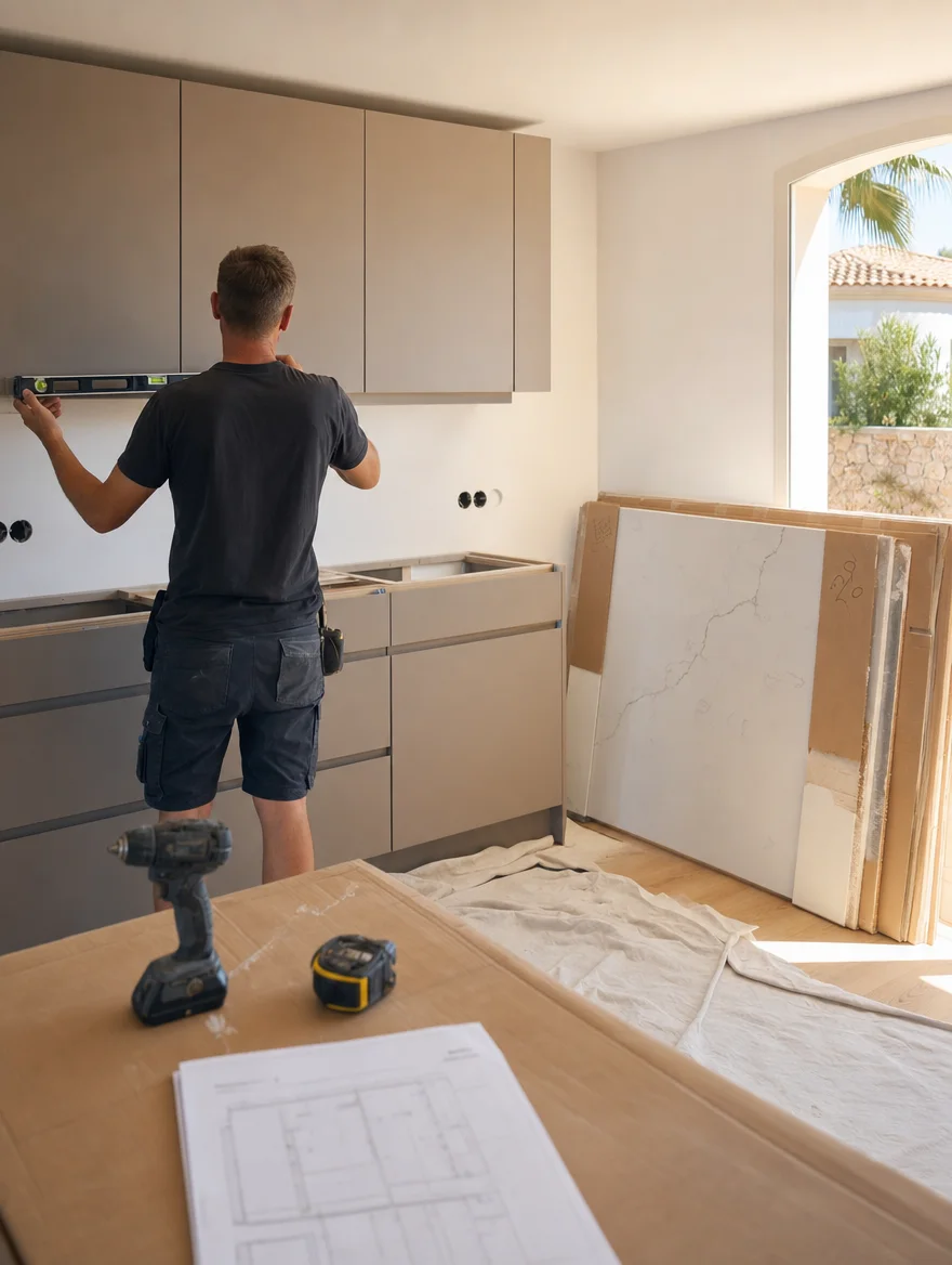 Instalador montando muebles altos de cocina con nivel y taladro, imagen de referencia