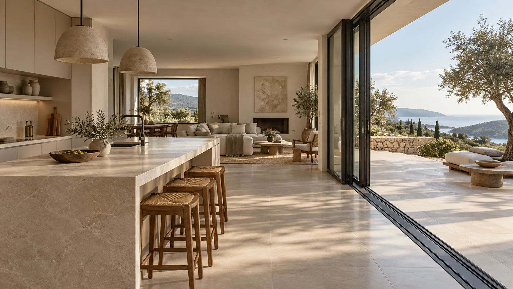 Cocina y salón abiertos a una terraza con vistas al mar, imagen de referencia