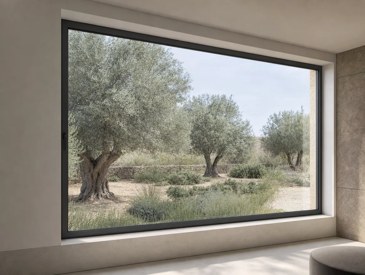Gran ventanal fijo de aluminio con vistas a un jardín de olivos, imagen de referencia