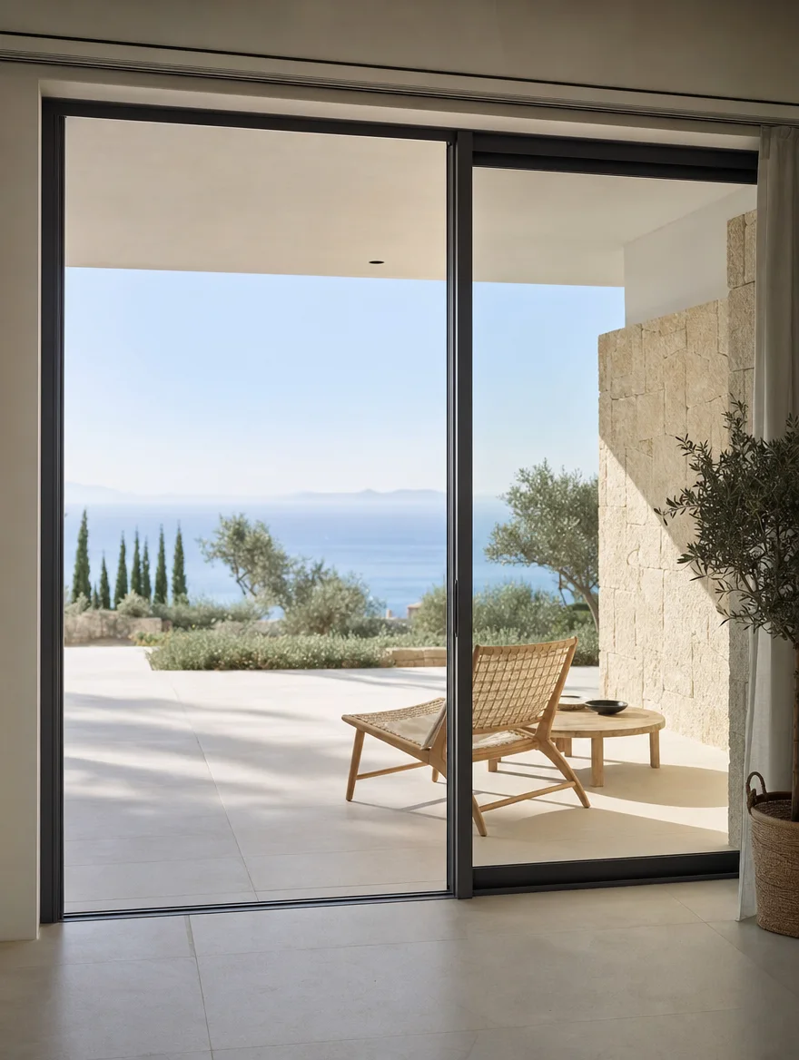 Cerramiento corredero de aluminio negro abierto en un dormitorio con vistas al mar y terraza con tumbona, imagen de referencia