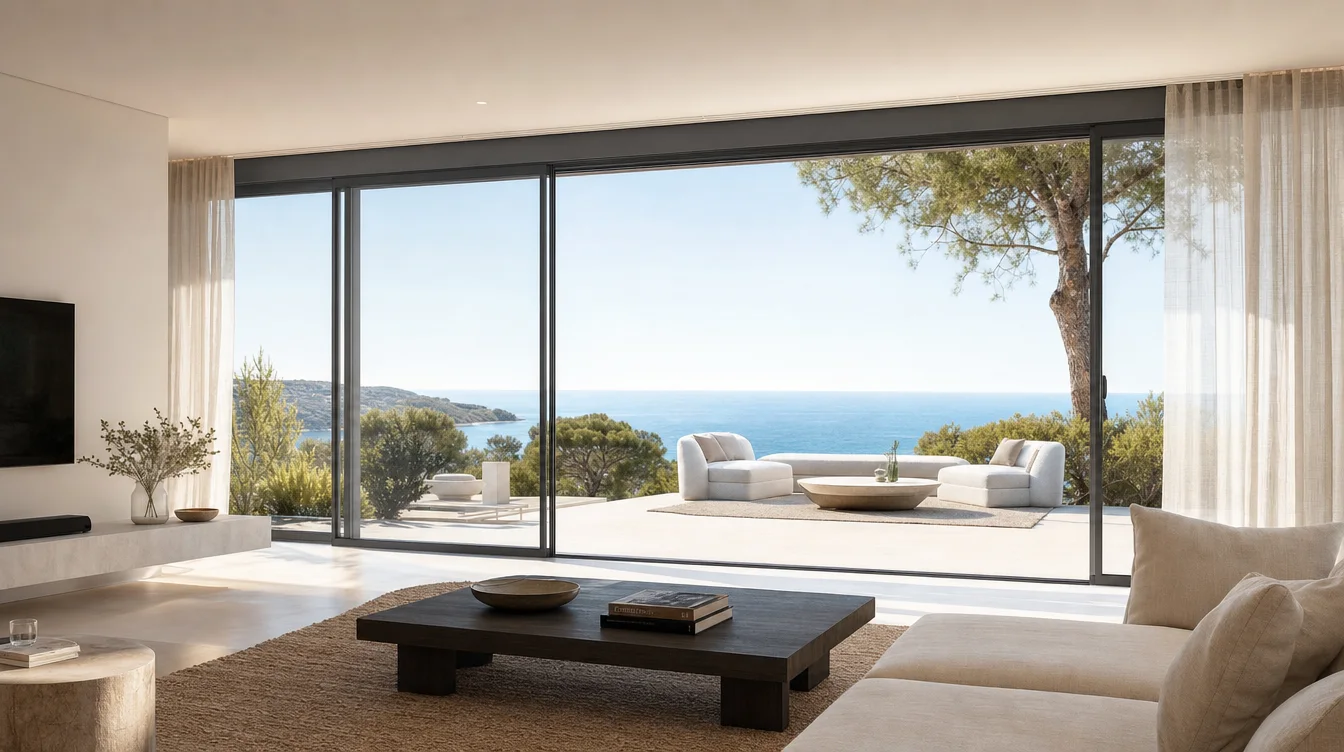 Salón con gran ventanal corredero de aluminio abierto al mar, imagen de referencia