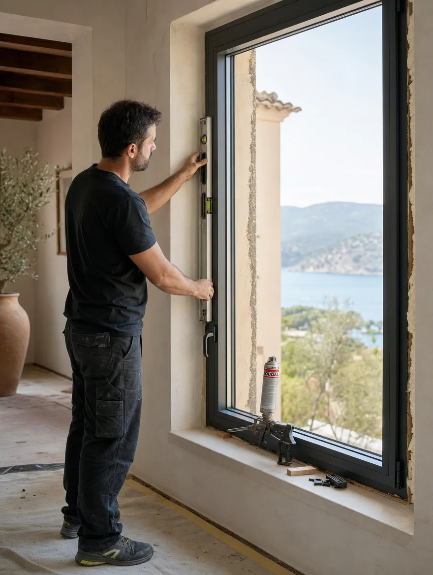 Instalador comprobando con un nivel una ventana de aluminio recién colocada en un hueco de obra, con vistas al mar