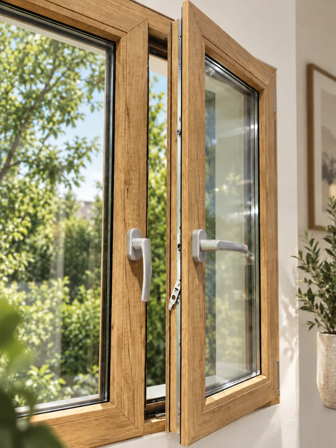 Detalle de ventana de PVC oscilobatiente abierta, con manivela y perfil multicámara, imagen de referencia